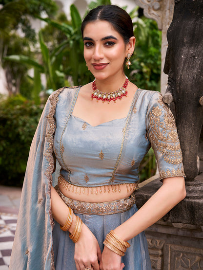 Sky Blue Color Sequins And Thread Embroidery Work Belt Fendi Lehenga Choli