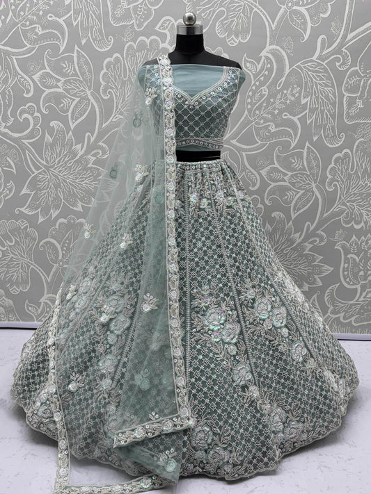 Tremendous Pista Green Hand Embroidered Net Reception Wear Lehenga Choli - Zeel Clothing