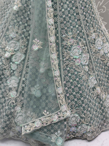 Tremendous Pista Green Hand Embroidered Net Reception Wear Lehenga Choli - Zeel Clothing