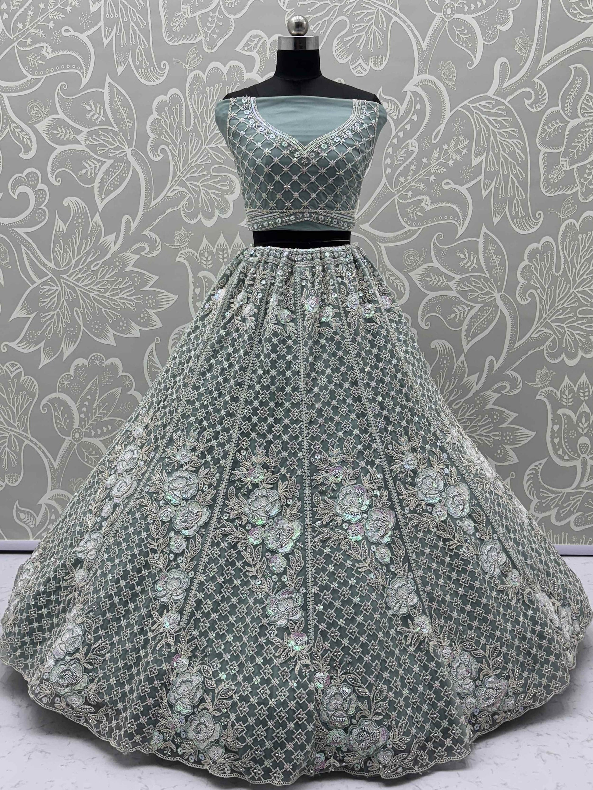 Tremendous Pista Green Hand Embroidered Net Reception Wear Lehenga Choli - Zeel Clothing