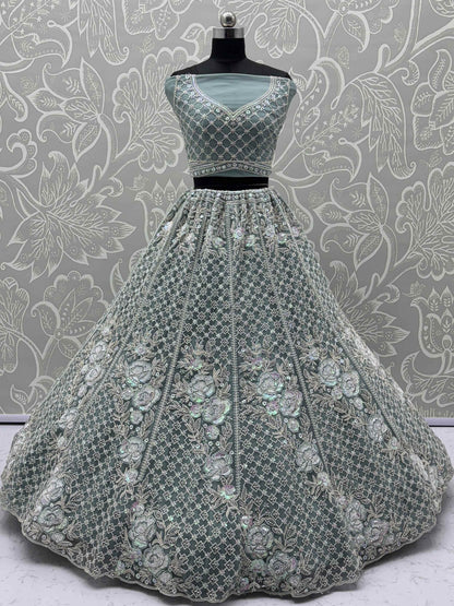 Tremendous Pista Green Hand Embroidered Net Reception Wear Lehenga Choli - Zeel Clothing