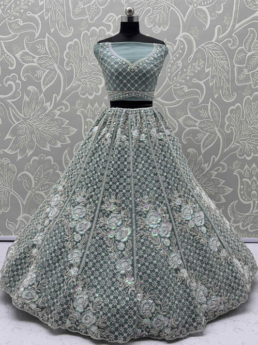 Tremendous Pista Green Hand Embroidered Net Reception Wear Lehenga Choli - Zeel Clothing