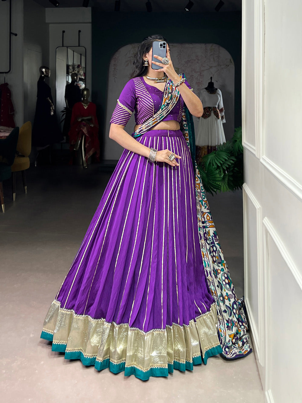 Purple Color Zari Weaving Work With Embossed Design Chanderi Lehenga Choli