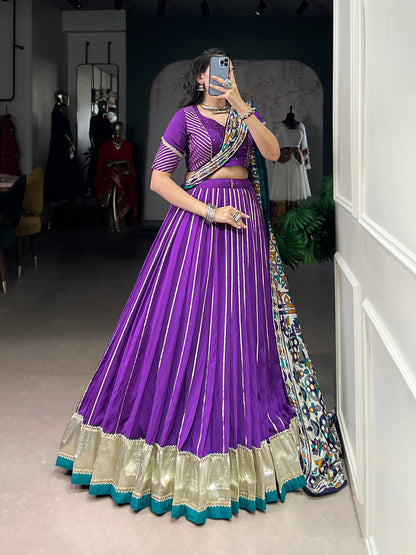 Purple Color Zari Weaving Work With Embossed Design Chanderi Lehenga Choli