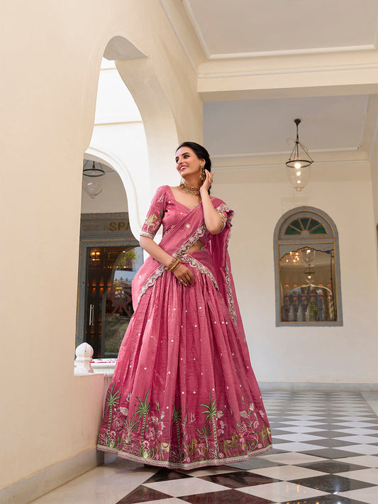 Pink Color Sequins and Thread Embroidery Work Gold Crush Lehenga Choli