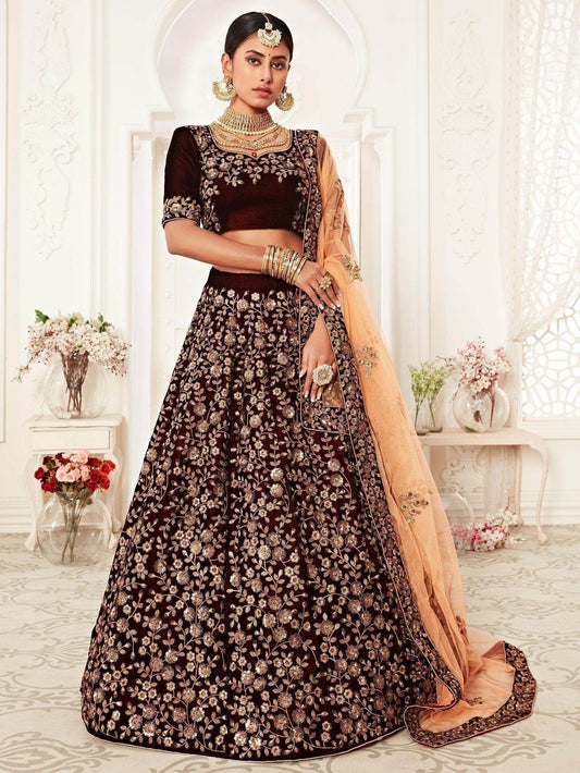 Trending Maroon Embroidered Velvet Bridal Lehenga Choli - Zeel Clothing