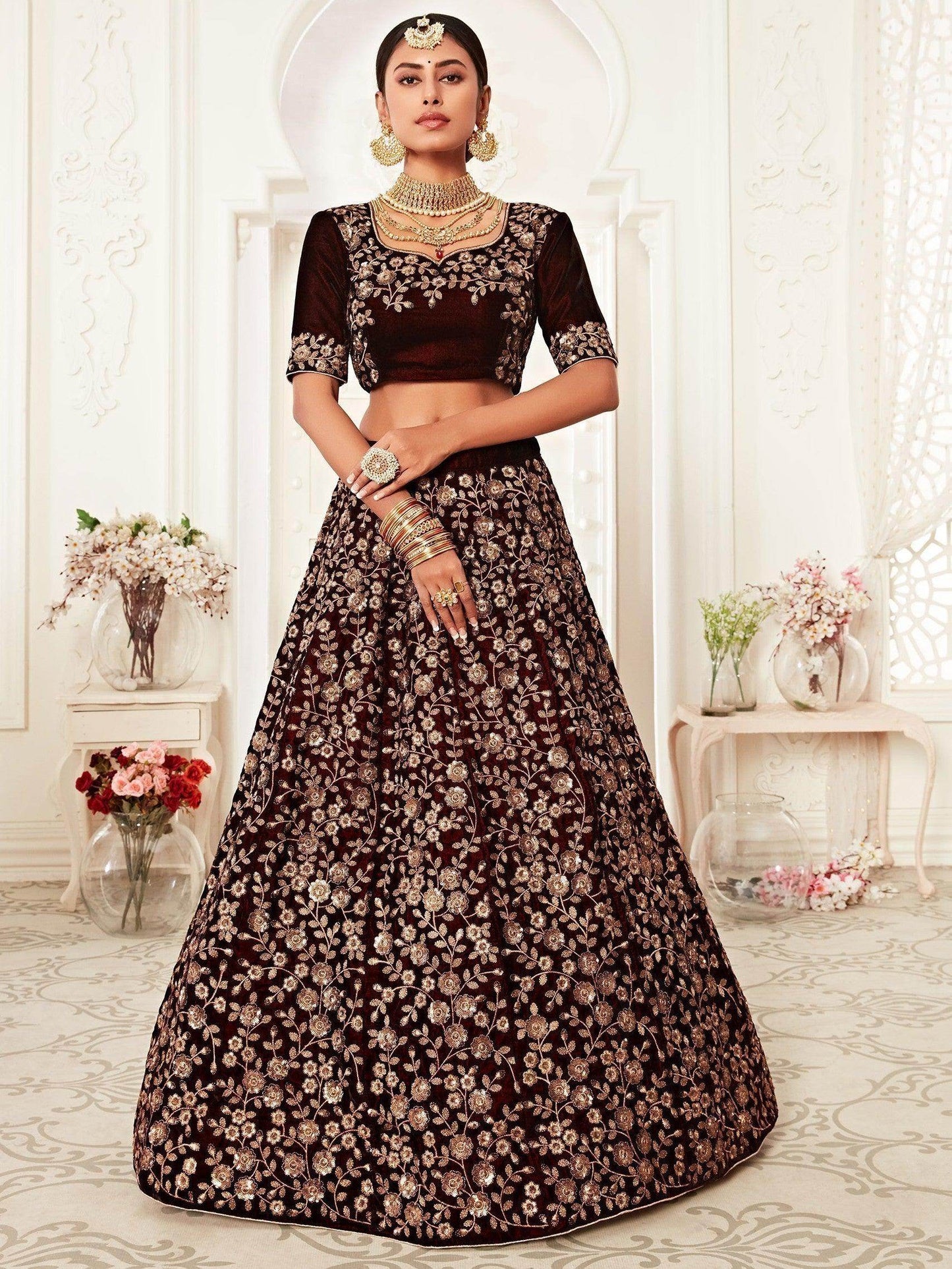 Trending Maroon Embroidered Velvet Bridal Lehenga Choli - Zeel Clothing