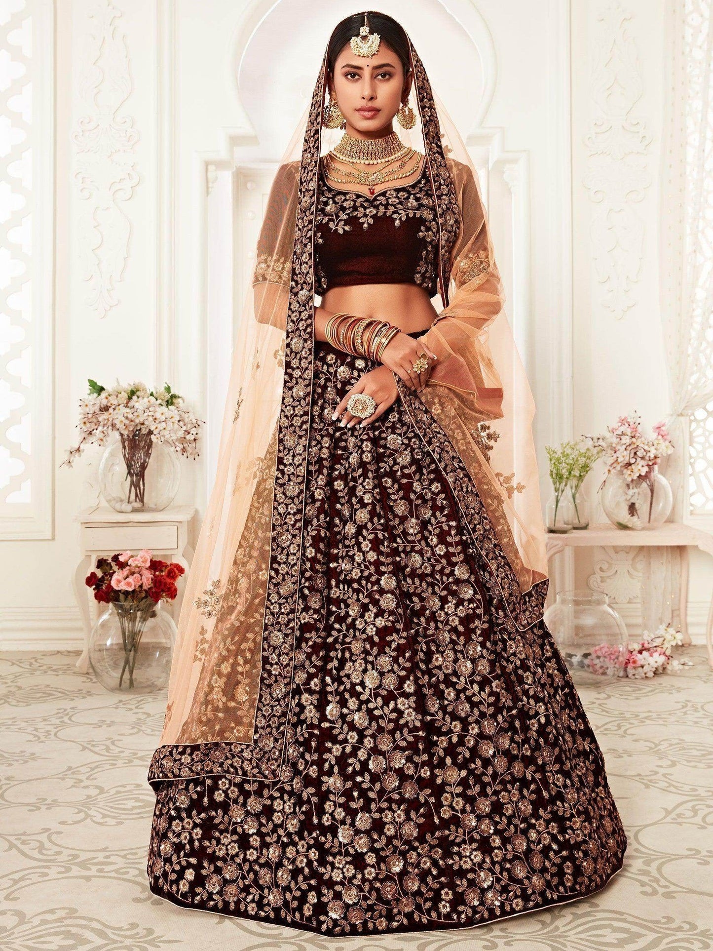 Trending Maroon Embroidered Velvet Bridal Lehenga Choli - Zeel Clothing