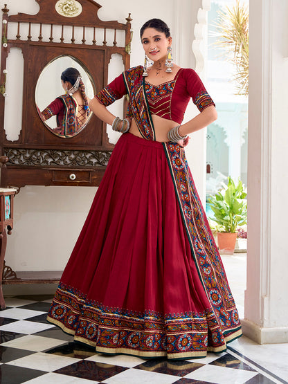 Red Color Gamthi Print And Embossed Design Tussar Silk Lehenga Choli