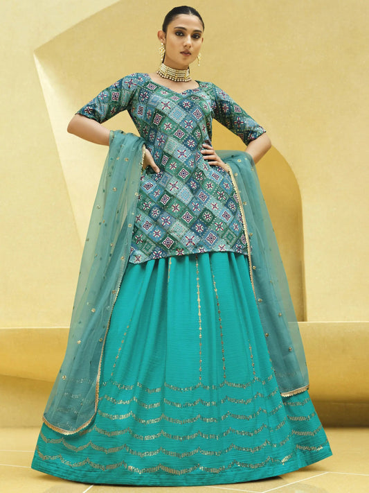 Turquoise Blue Sequins Embroidered Chinon Silk Lehenga Choli - Zeel Clothing