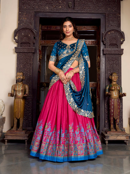 Pink Color Printed With Foil Work Tussar Silk Lehenga Choli