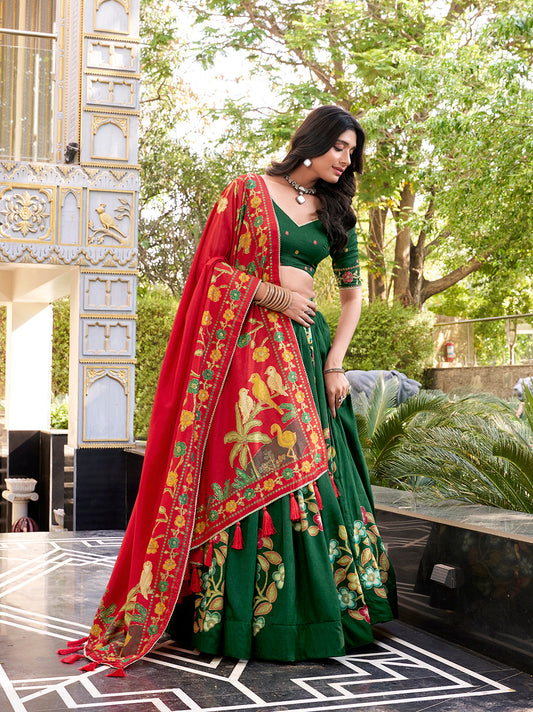 Green Color Printed And Foil Work Tussar Silk Lehenga Choli