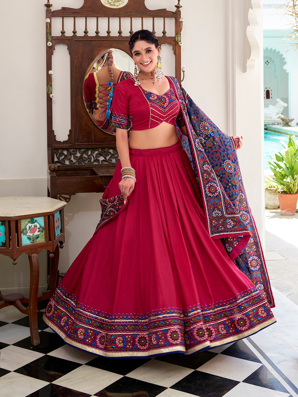 Pink Color Gamthi Print And Embossed Design Tussar Silk Lehenga Choli