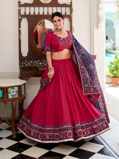 Pink Color Gamthi Print And Embossed Design Tussar Silk Lehenga Choli