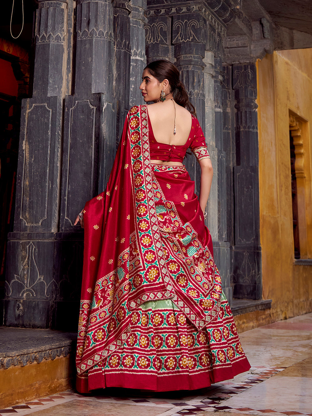 See Green Color Ikkat Patola Printed Tasar Silk Lehenga Choli
