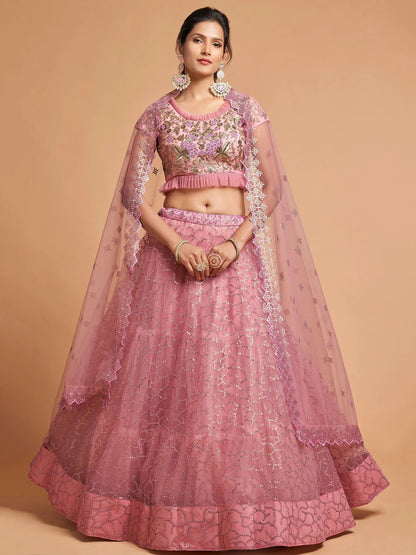 Unique Blush Pink Thread Embroidered Net Party Wear Lehenga Choli - Zeel Clothing