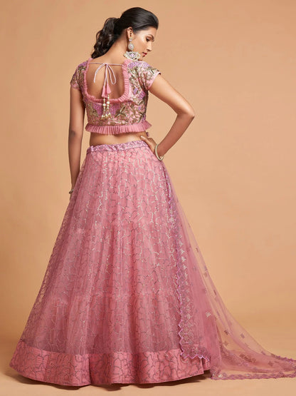 Unique Blush Pink Thread Embroidered Net Party Wear Lehenga Choli - Zeel Clothing
