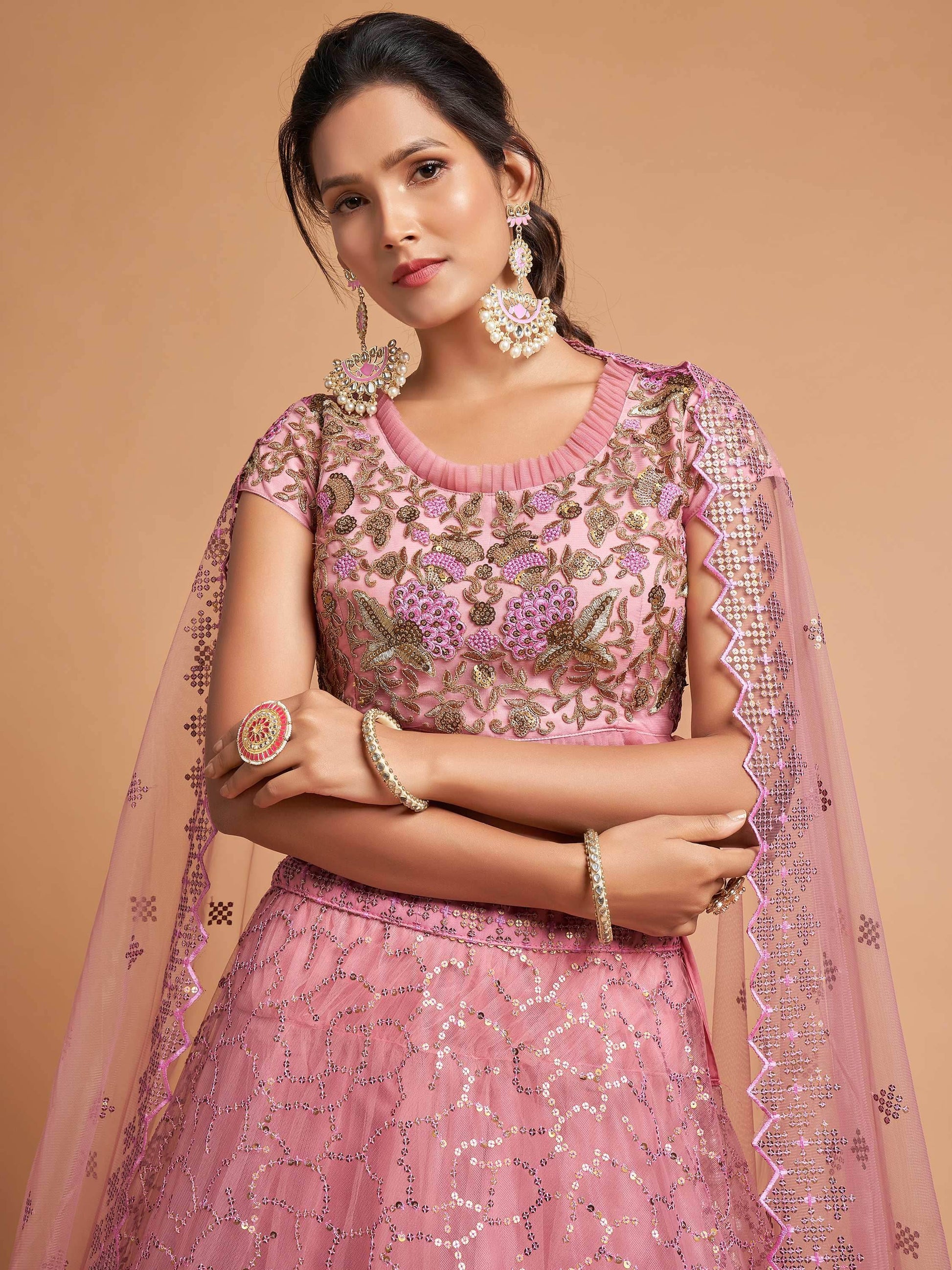 Unique Blush Pink Thread Embroidered Net Party Wear Lehenga Choli - Zeel Clothing