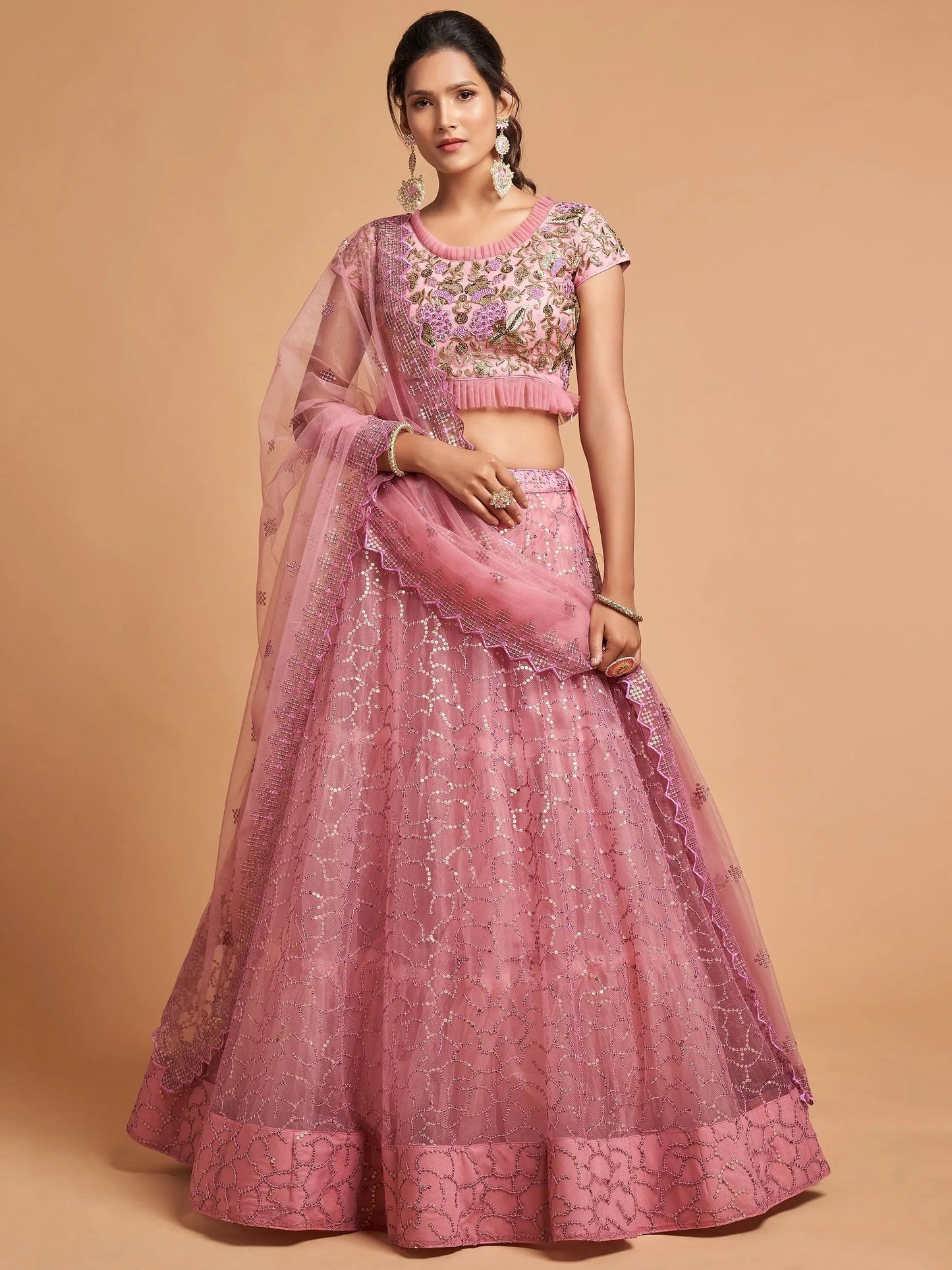 Unique Blush Pink Thread Embroidered Net Party Wear Lehenga Choli - Zeel Clothing