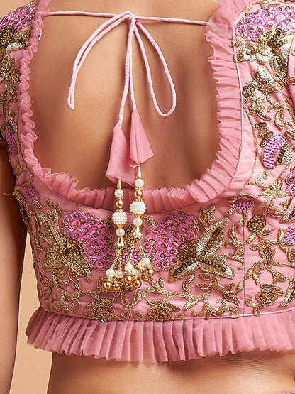 Unique Blush Pink Thread Embroidered Net Party Wear Lehenga Choli - Zeel Clothing