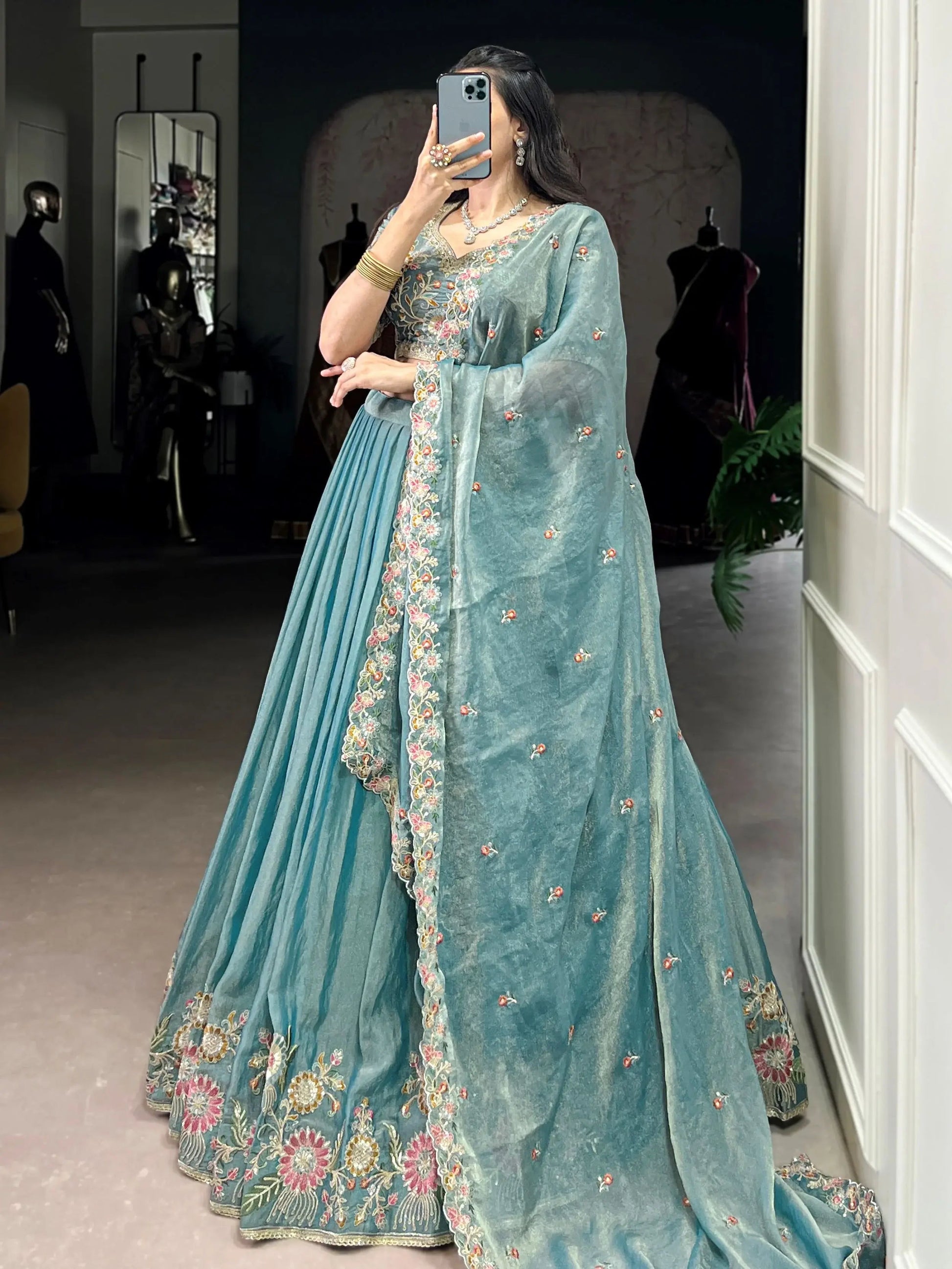 Unique Sky-Blue Floral Embroidered Organza Bridesmaid Lehenga Choli - Zeel Clothing