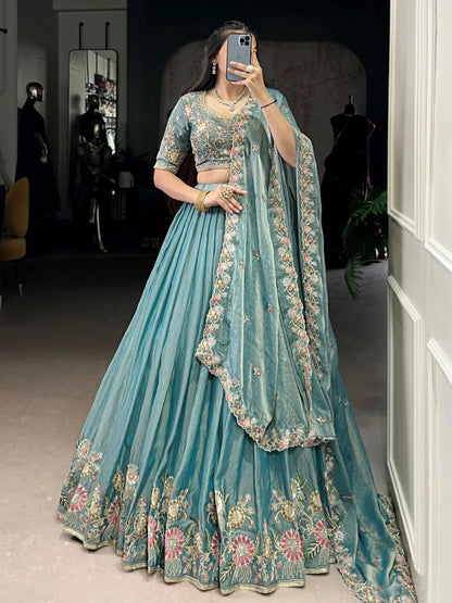 Unique Sky-Blue Floral Embroidered Organza Bridesmaid Lehenga Choli - Zeel Clothing