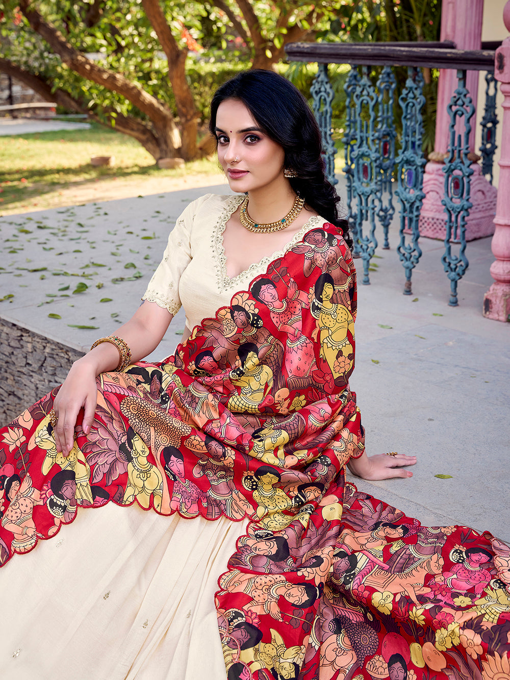 Off White Color Sequins And Thread Embroidery Work Vichitra Silk Lehenga