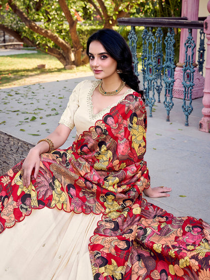 Off White Color Sequins And Thread Embroidery Work Vichitra Silk Lehenga