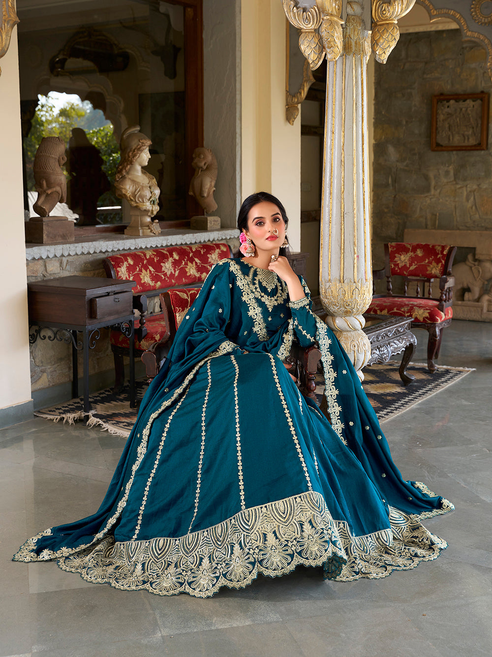 Firozi Color Sequins And Thread Embroidery Work Vichitra Silk Lehenga Choli