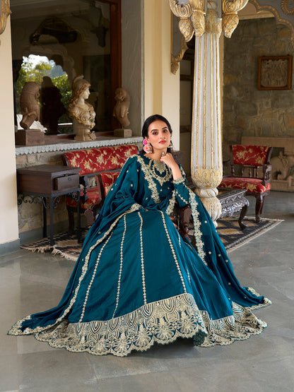 Firozi Color Sequins And Thread Embroidery Work Vichitra Silk Lehenga Choli