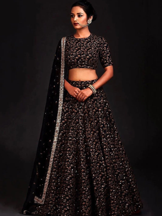 Vine Pattern Golden Sequins Black Silk Lehenga Choli Set - Zeel Clothing