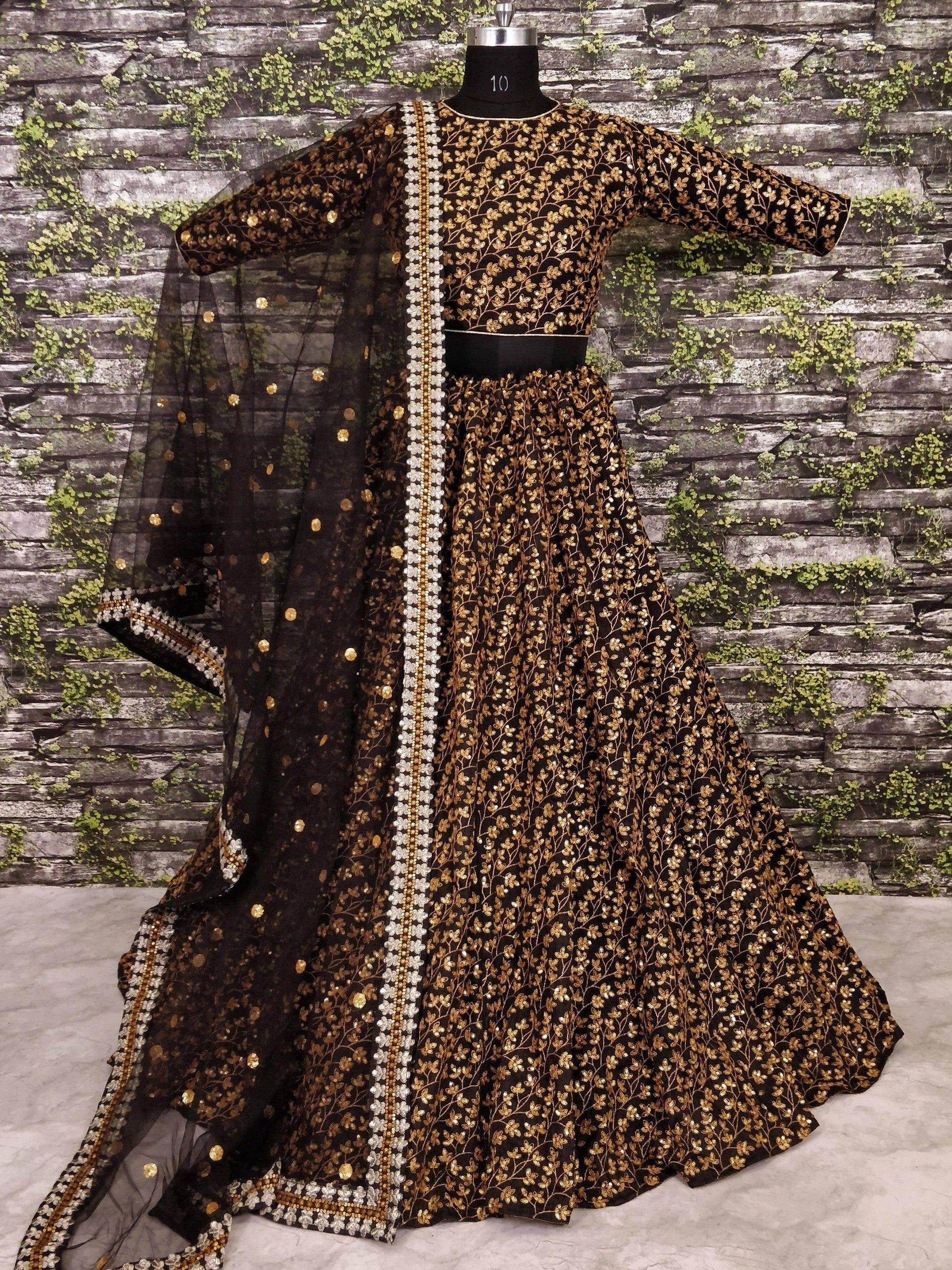 Vine Pattern Golden Sequins Black Silk Lehenga Choli Set - Zeel Clothing