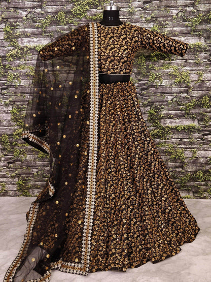 Vine Pattern Golden Sequins Black Silk Lehenga Choli Set - Zeel Clothing