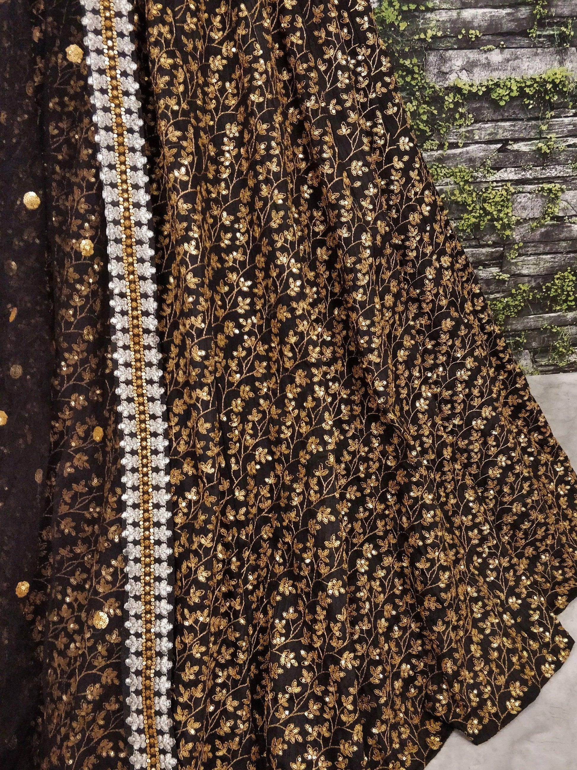Vine Pattern Golden Sequins Black Silk Lehenga Choli Set - Zeel Clothing