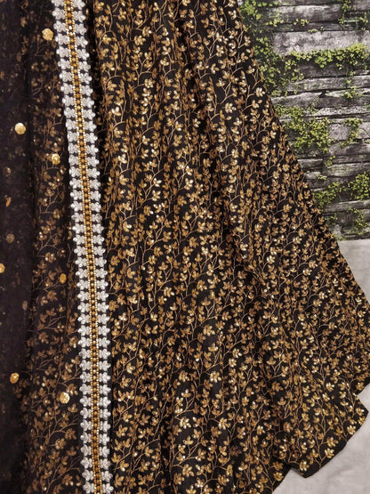 Vine Pattern Golden Sequins Black Silk Lehenga Choli Set - Zeel Clothing