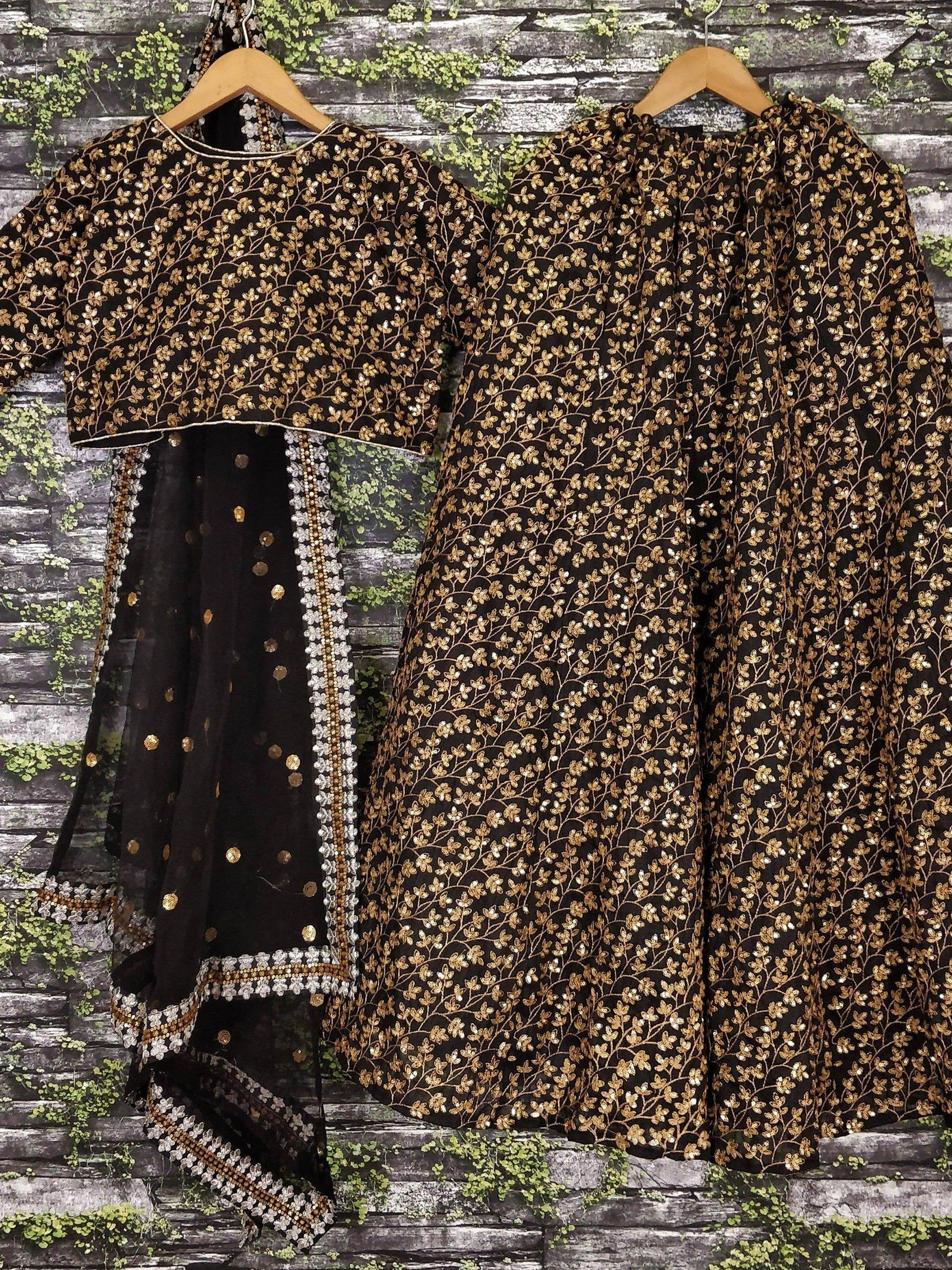 Vine Pattern Golden Sequins Black Silk Lehenga Choli Set - Zeel Clothing