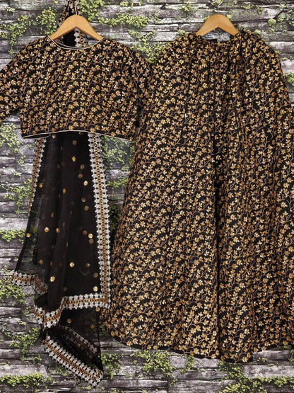 Vine Pattern Golden Sequins Black Silk Lehenga Choli Set - Zeel Clothing