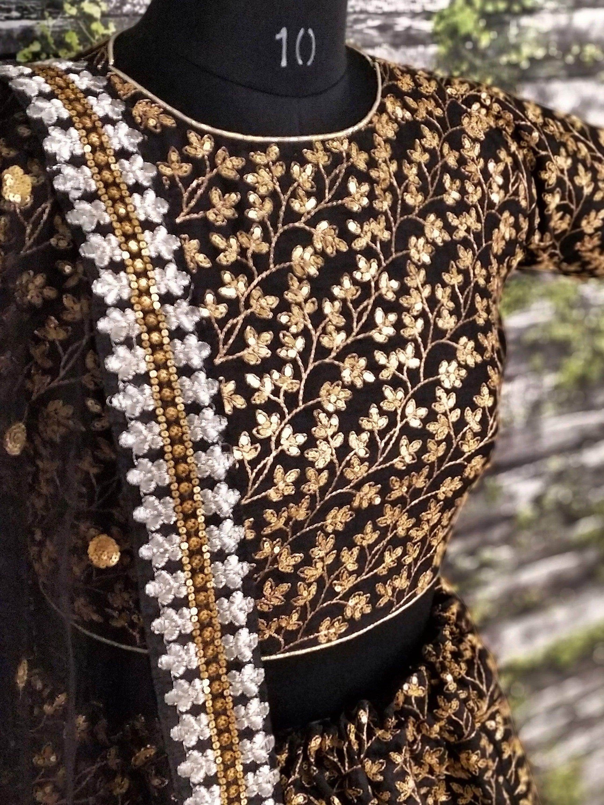 Vine Pattern Golden Sequins Black Silk Lehenga Choli Set - Zeel Clothing