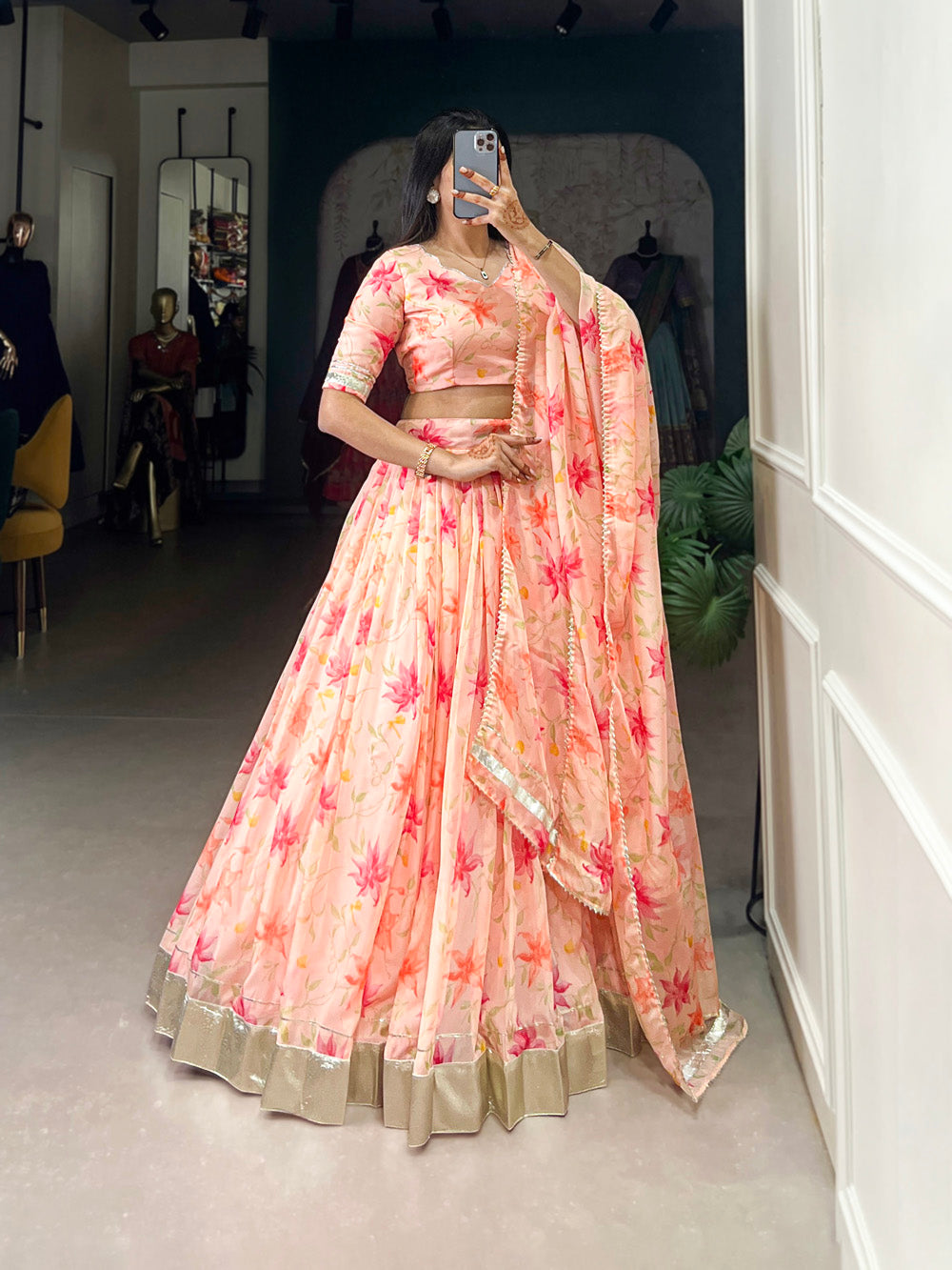 Peach Color Floral Print With Lace Border Tabby Silk Lehenga Choli