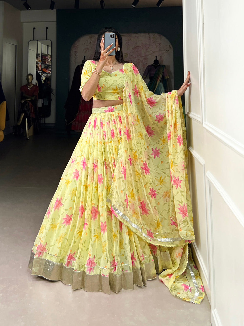 Yellow Color Floral Print With Lace Border Tabby Silk Lehenga Choli