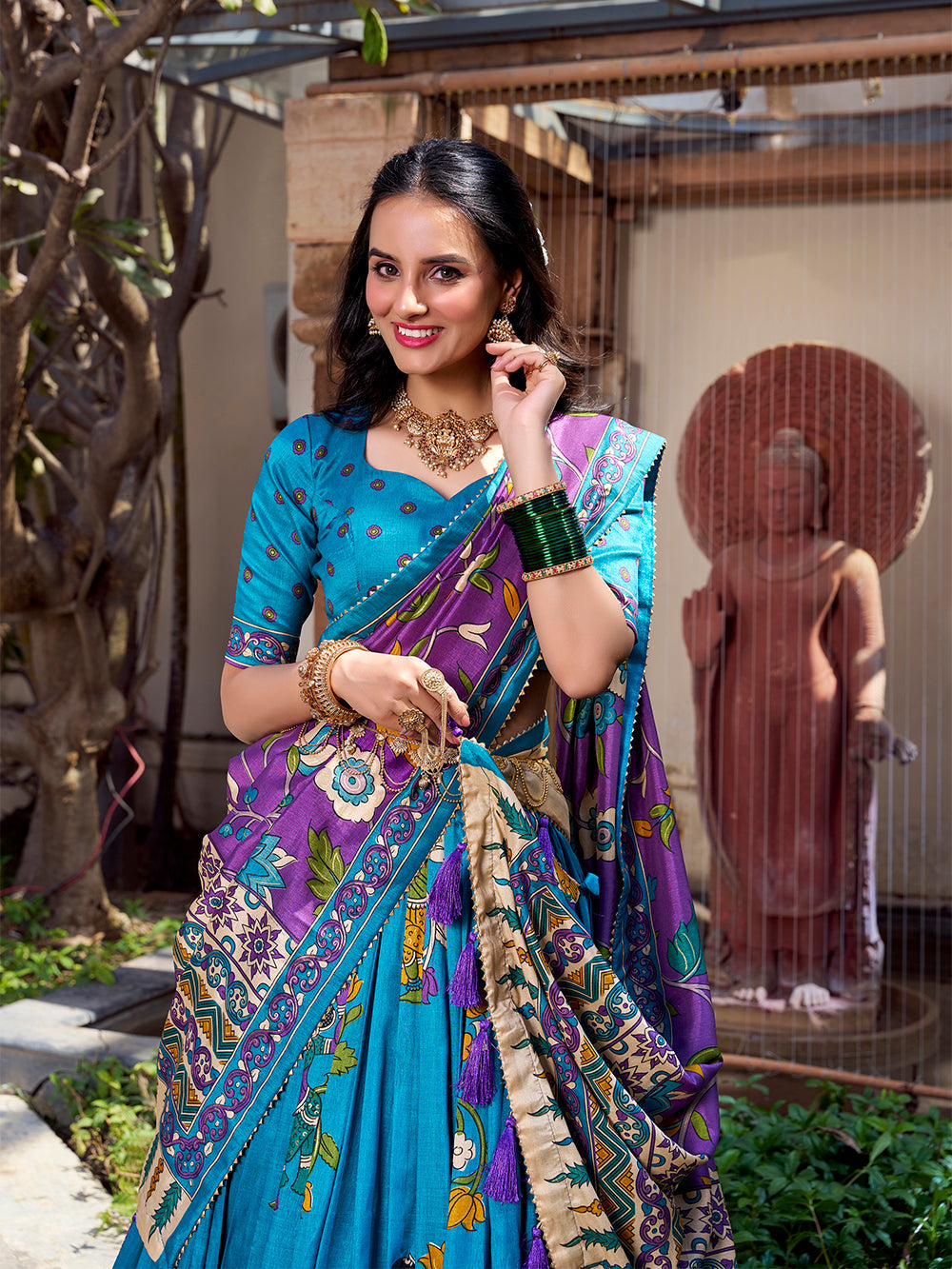 Firozi Color Kalamkari Print With Foil Work Tussar Silk Lehenga Choli