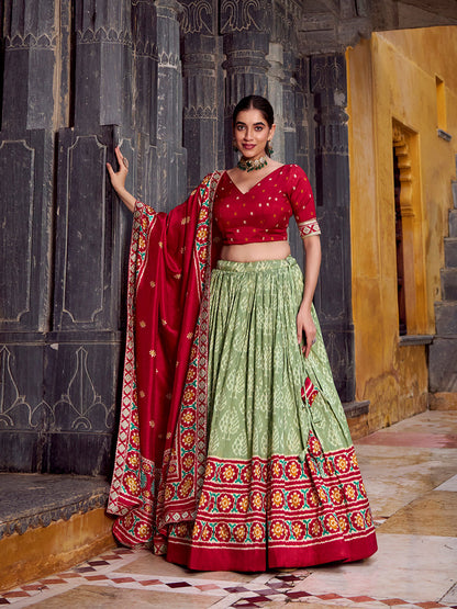 See Green Color Ikkat Patola Printed Tasar Silk Lehenga Choli