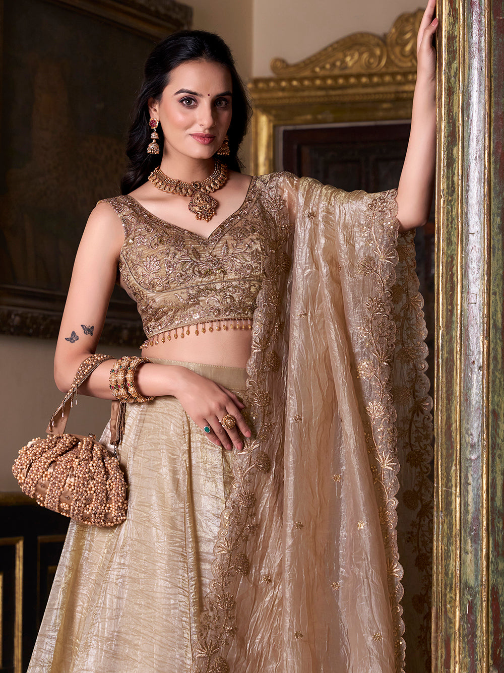 Chiku Color Sequins And Embroidery Work With Gold Crush Lehenga Choli