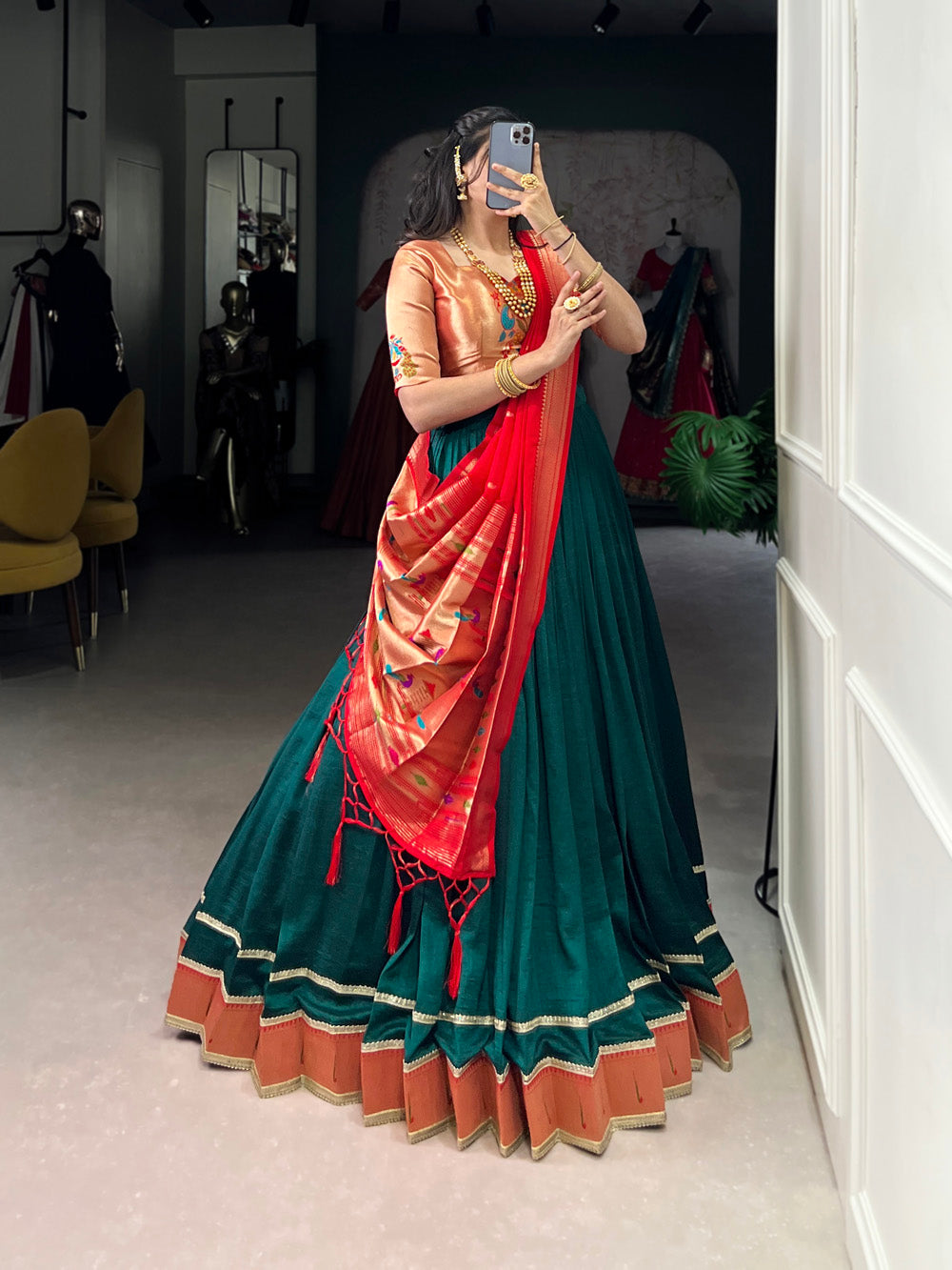 Green Color Zari Weaving With Lace Border Vichitra Silk Lehenga Choli