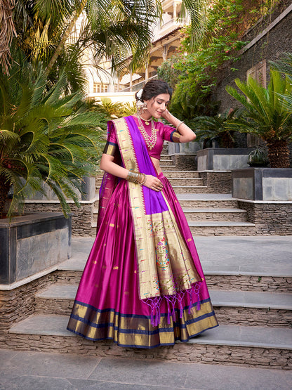 Pink Color Zari Weaving Work Jacquard Silk(Paithani) Lehenga Choli