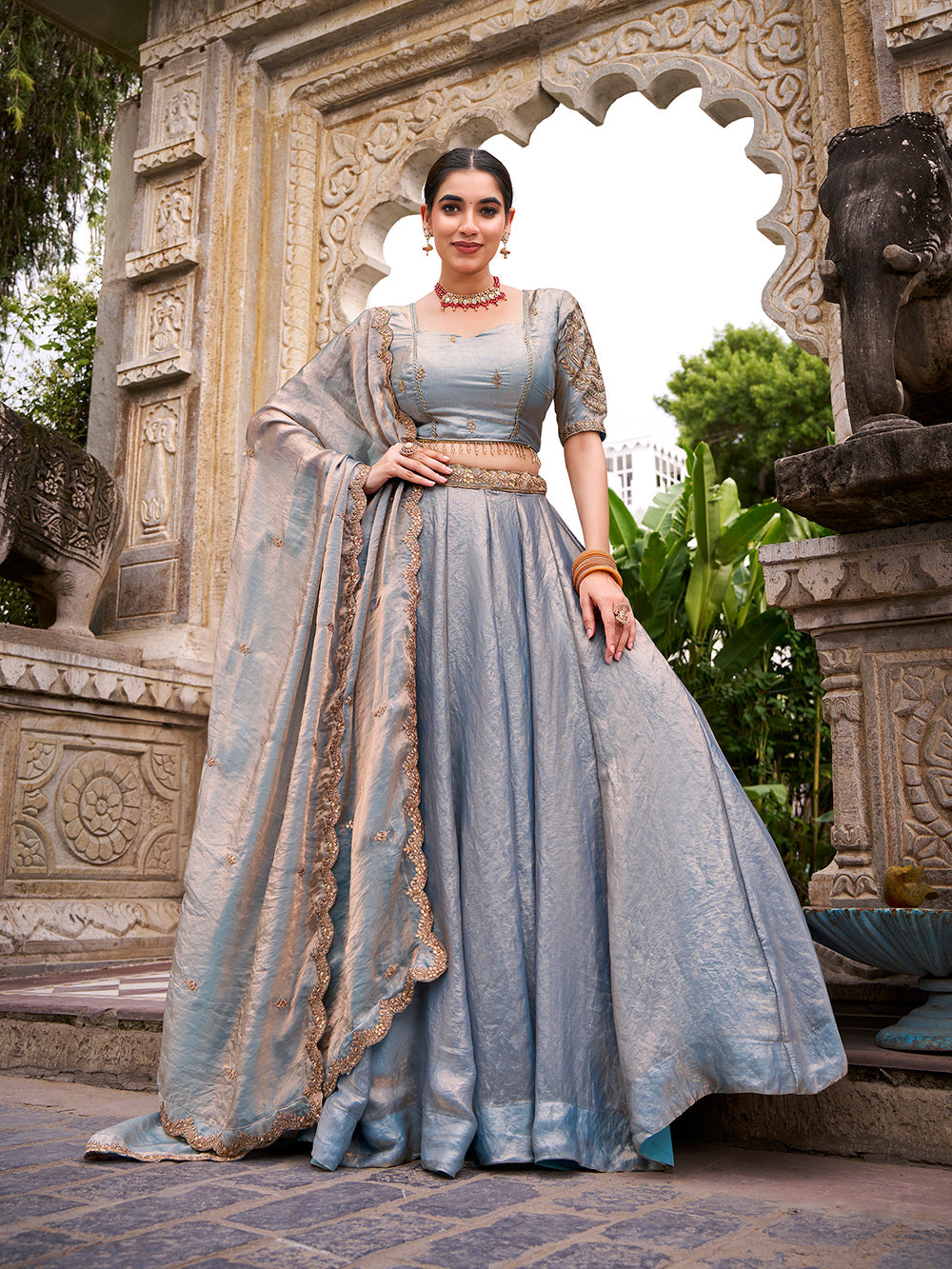 Sky Blue Color Sequins And Thread Embroidery Work Belt Fendi Lehenga Choli
