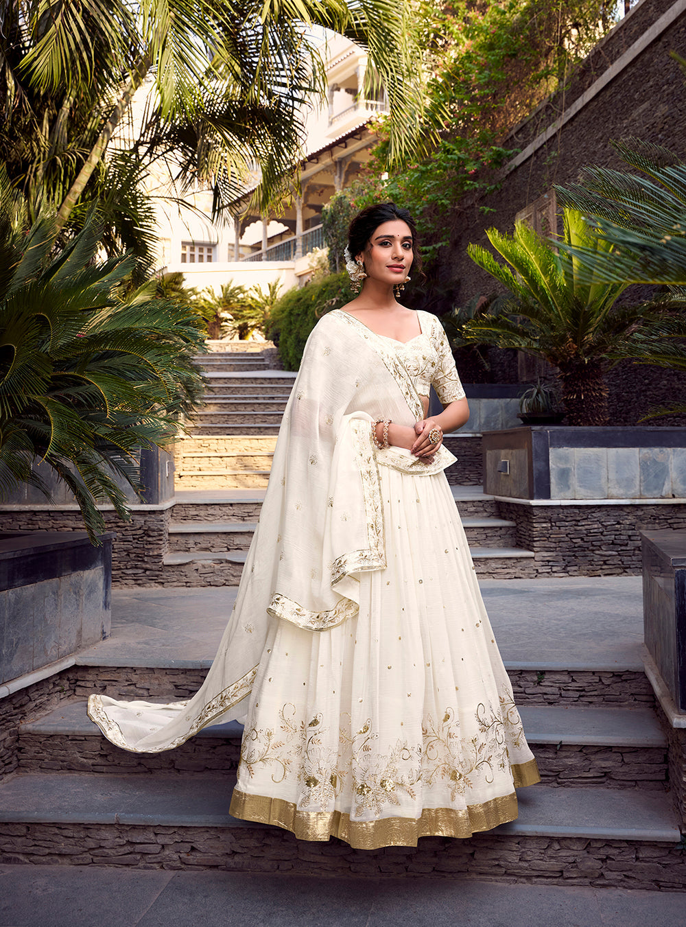 Off White Color Sequins And Embroidery With Foil Work Silver Glosy Lehenga Choli