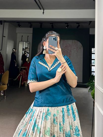 Teal Color Floral Print With Zari Weaving Work Dola Chex Co-Ord Set