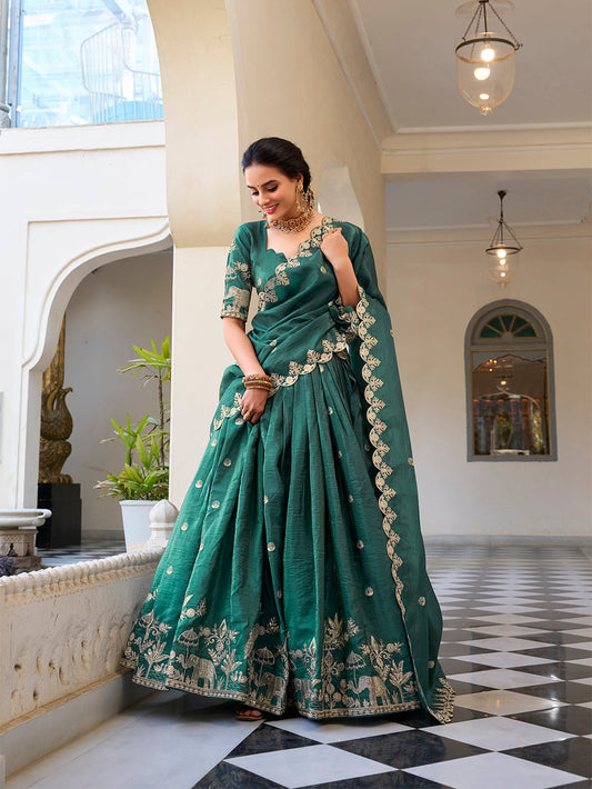 Teal Color Sequins and Thread Embroidery Work Gold Crush Lehenga Choli