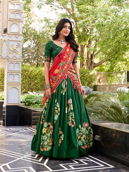 Green Color Printed And Foil Work Tussar Silk Lehenga Choli